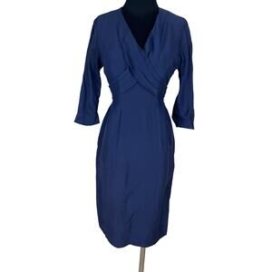 Vintage 50s Navy Blue Wiggle Dress Satin Back Crepe Bombshell XS Cutter Damaged